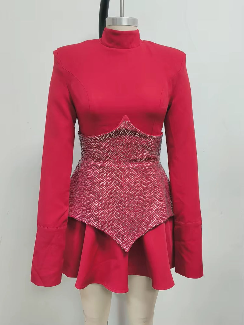 Long Sleeves Waist Sparkle Diamond Mini Dress