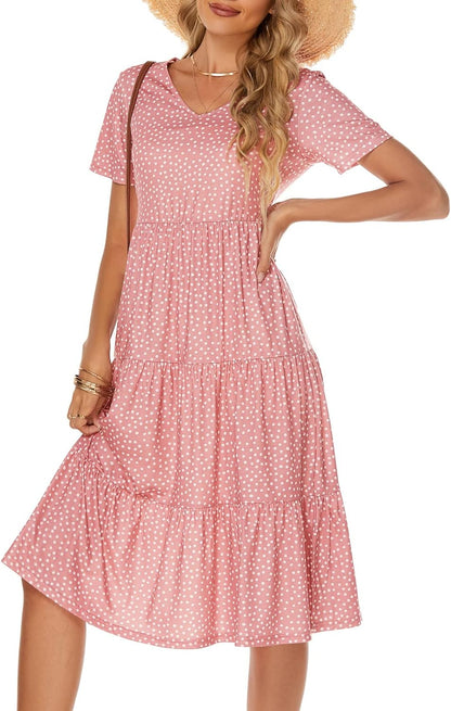 Women'S Casual Summer Tiered Midi Dress 2025 Short Sleeve V-Neck Loose Cotton Ruffle Babydoll Dress Boho Sundress