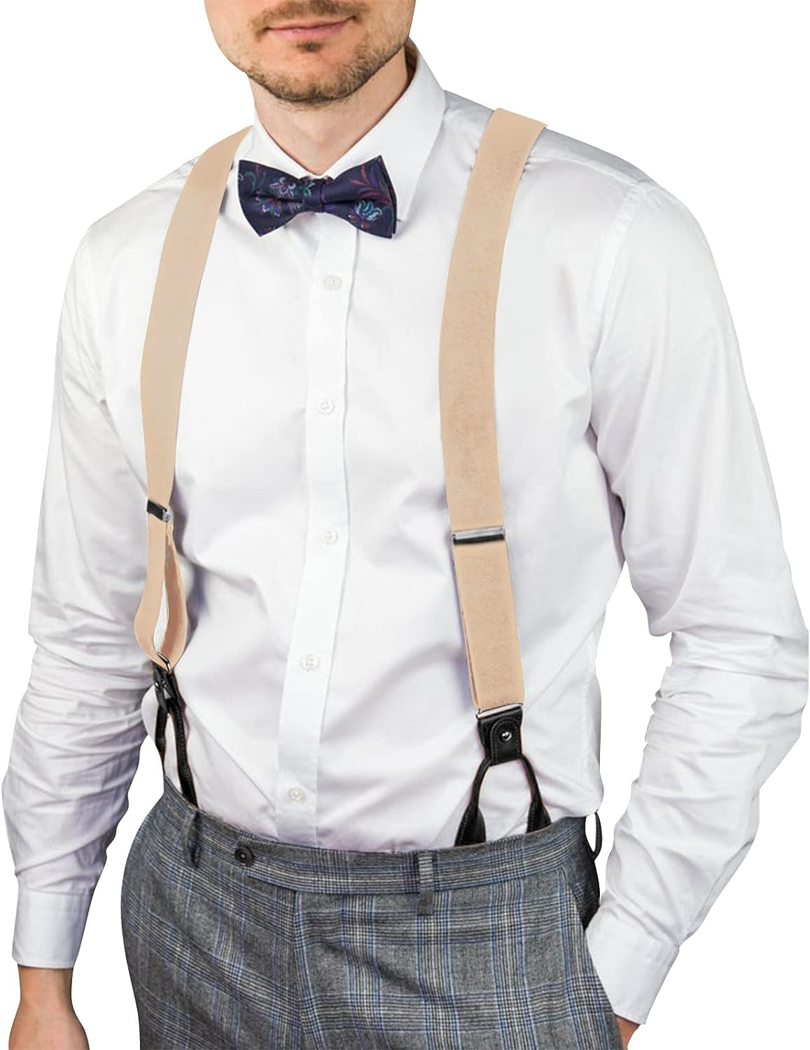 Mens Brown Button End Suspenders - Adjustable Elastic Y Shape Tuxedo Suspender