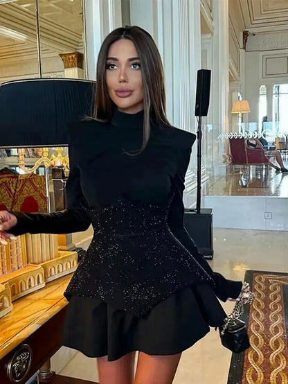 Long Sleeves Waist Sparkle Diamond Mini Dress