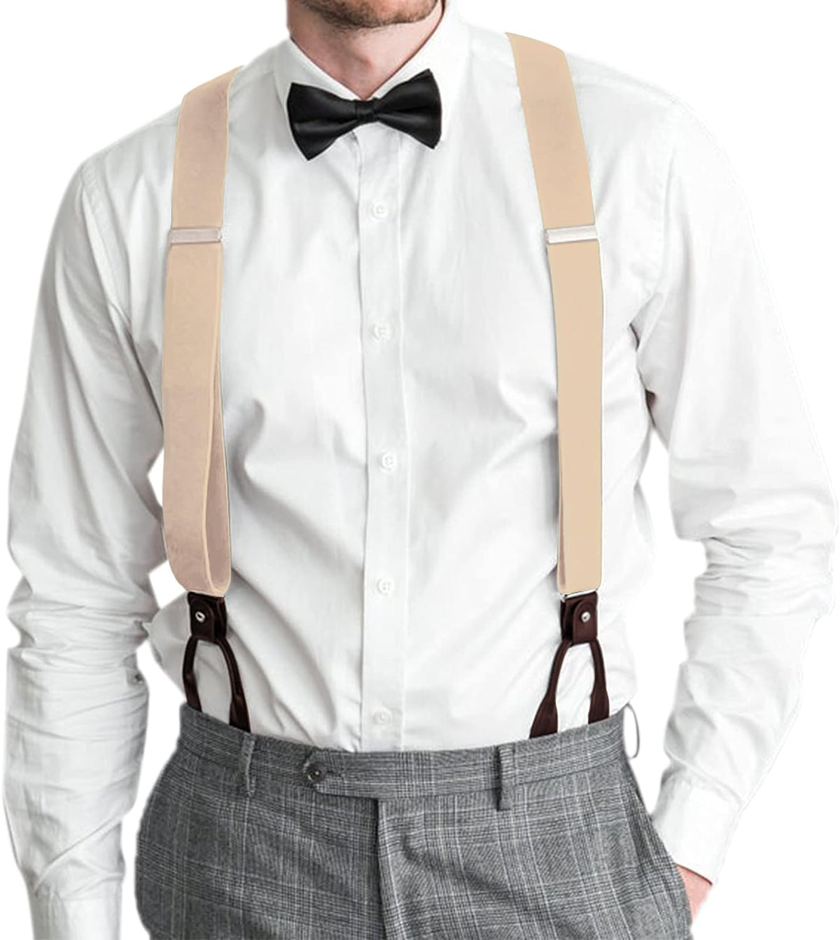 Mens Brown Button End Suspenders - Adjustable Elastic Y Shape Tuxedo Suspender