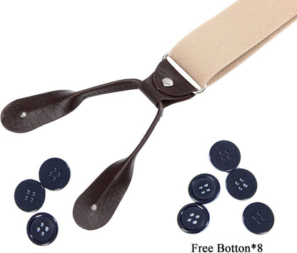 Mens Brown Button End Suspenders - Adjustable Elastic Y Shape Tuxedo Suspender
