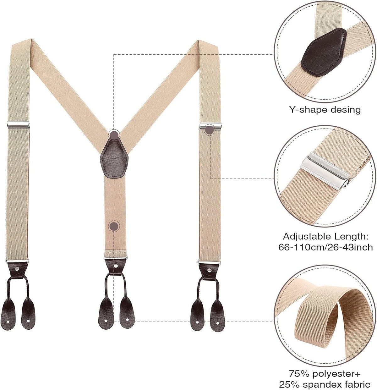 Mens Brown Button End Suspenders - Adjustable Elastic Y Shape Tuxedo Suspender