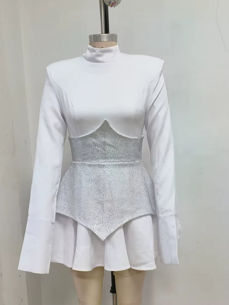 Long Sleeves Waist Sparkle Diamond Mini Dress